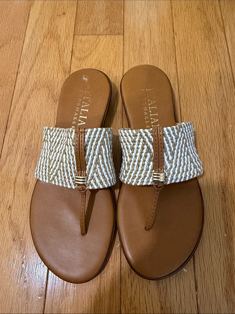 Italian Shoemakers Tan Woven White-Trim Thong Sandals